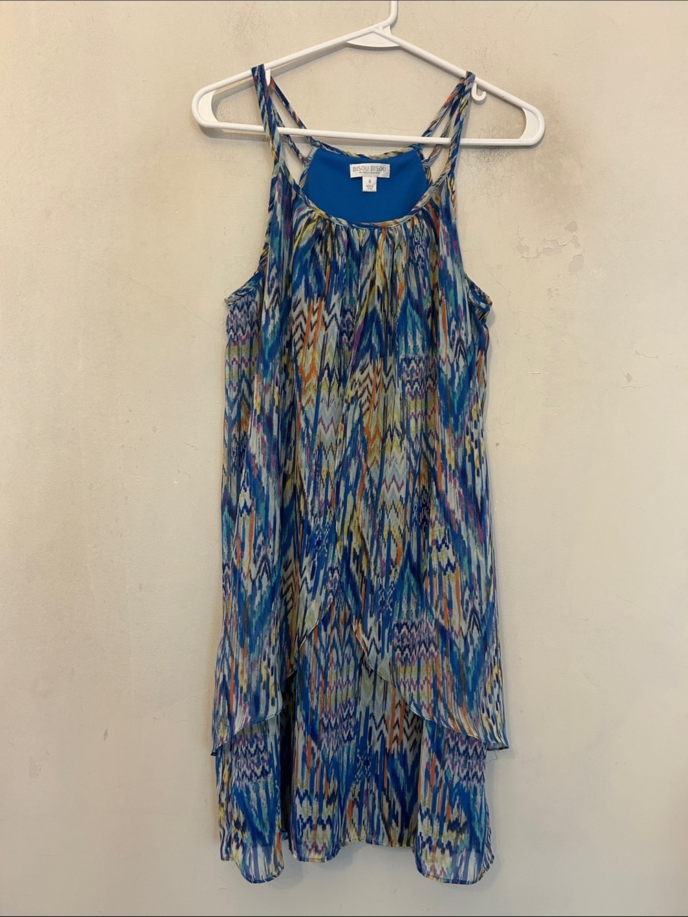 Bisou Bisou Blue Multi-Print Flowy Spaghetti Strap dress Size 6 EUC